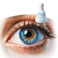 Close up of blue eye with eye drop solution, emphasizing relief for dry eyes and irritation, isolated on white png