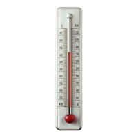 Vertical mercury thermometer with temperature readings, isolated and angled for better visibility on white png