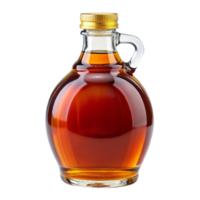 Maple syrup bottle with a distinctive handle and gold colored cap, showcasing deep amber liquid png
