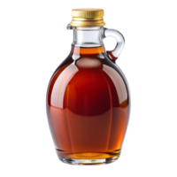 Glass bottle filled with golden maple syrup, isolated on a Transparent Background with a yellow cap and handle png