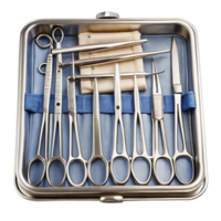 Professional suture kit with various surgical tools neatly arranged in a metal container, sterile and clean png