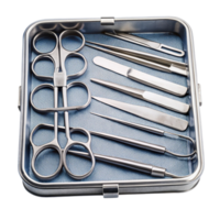 Close up of surgical instruments in a tray, including scissors, tweezers, and scalpels, ready for medical use png