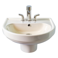 Contemporary round bathroom sink with shiny metal faucets, isolated on white, suitable for luxury home interiors png