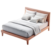 Scandinavian inspired wooden bed frame with plush pillows and simple, sophisticated bedding in soft gray tones, perfect for minimalist decor png