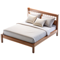 Modern wooden bed frame with minimalist design and cozy bedding set, featuring a cushioned headboard and neutral tones png