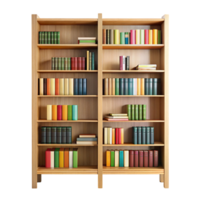 Organized wooden bookshelf with neatly arranged books and home decor items on a clean Transparent Background png