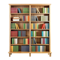 Wooden bookshelf filled with colorful books and decorative items, isolated on a Transparent Background png