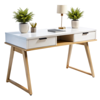 Simple and functional office desk with natural wood finish, featuring multiple drawers and open storage space png
