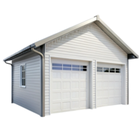 Single car garage with white siding and classic overhead door, featuring a side entrance and simple, functional design png