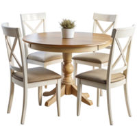 Modern round dining table with cross leg wooden design, paired with cream chairs, creating a sophisticated and welcoming dining area png