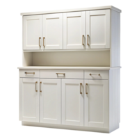 Modern white kitchen cabinet with multiple drawers and storage space, featuring sleek handles and a clean design png