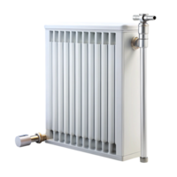 White heating radiator with compact design and adjustable valve, providing warmth and energy efficient home heating solution png