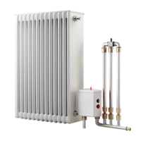 Modern home radiator with a sleek white design, featuring connected pipes and control valve for efficient heating png