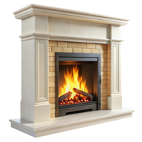 Classic stone fireplace with ornate columns and a roaring fire, perfect for adding warmth and charm to any home interior png