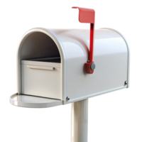 Standard residential mailbox with red flag and open lid, durable metal construction for daily use, isolated on white png