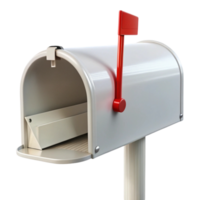 Modern silver mailbox with red handle and flag, ideal for secure mail delivery, mounted on a sturdy post png
