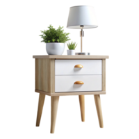 Stylish light wood bedside table with two drawers and simple lines, complemented by a lamp and plant, ideal for modern interiors png