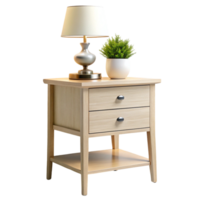 Elegant Scandinavian style nightstand with natural wood finish and minimalist design, accessorized with lamp and greenery png