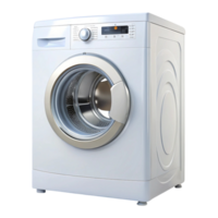 Modern front loading washing machine with digital display and sleek design isolated on Transparent Background png