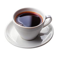 Elegant white coffee cup with dark, steaming coffee on a matching white saucer against Transparent Background. png
