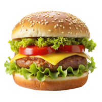 Freshly made burger with melted cheese, crispy lettuce, and ripe tomato, representing a tasty and hearty meal option. png