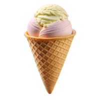 Double scoop ice cream cone with vanilla and strawberry flavors in a classic waffle cone, isolated on Transparent Background. png