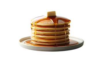 Stack of fluffy pancakes topped with pat of butter, generously drizzled with golden maple syrup, creating a perfect breakfast treat on a white plate png