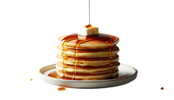 Stack of fluffy pancakes topped with a pat butter, generously drizzled with golden maple syrup, creating a perfect breakfast treat on a white plate png