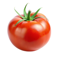 Fresh ripe red tomato with green stem, isolated on Transparent Background, showcasing vibrant color and smooth texture. png