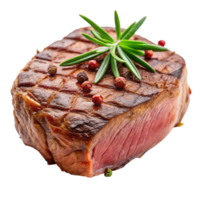 Succulent grilled beef steak with a crispy outer crust and rare center, complemented by rosemary and pepper garnish. png