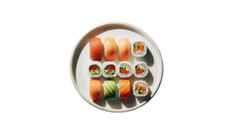 Assorted sushi platter fresh nigiri, sashimi, and colorful maki rolls with avocado, salmon, tuna, and vegetables artfully arranged on a white plate png