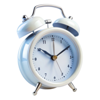 Retro white twin bell alarm clock displaying twelve o clock, isolated against black, perfect for morning and wake up concepts png