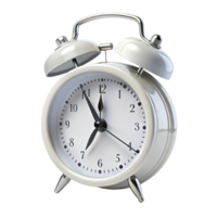 Classic white alarm clock with twin bells and metal handle, isolated on a black background, showing time with clear hands png