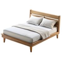 Elegant wooden bed frame with upholstered headboard and neutral bedding on a white background png