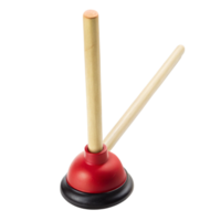 Durable red rubber toilet plunger with wooden handle for effective clog removal on a Transparent Background png