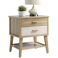 Elegant bedside table with storage drawers and a minimalist lamp, enhancing functionality and style in the bedroom png