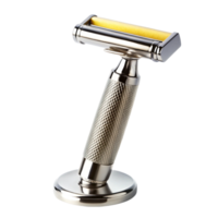 Premium stainless steel safety razor with textured grip and stand for elegant and precise grooming on a Transparent Background png