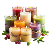 Vibrant scented candles in glass holders for a warm, inviting atmosphere and aromatherapy on a Transparent Background png