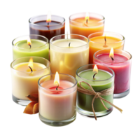 Assortment of colorful scented candles in glass jars, perfect for home decor and creating a cozy, aromatic ambiance png