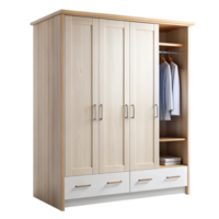 Spacious wooden wardrobe with multiple storage compartments, drawers, and hanging space for efficient organization png