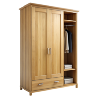 Classic oak finish wardrobe with built in shelves and drawers, ideal for efficient bedroom storage on a Transparent Background png