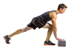Young fit man performing a stretching exercise using a block for better flexibility and balance png