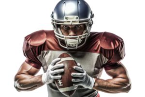 Intense football player in full gear holding a football and ready for action png