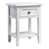 Classic white bedside table with a single drawer and lower shelf ideal for bedroom storage and decor on Transparent Background png