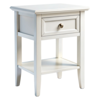 Minimalist white bedside table with storage drawer and open shelf for a stylish and functional bedroom setup png