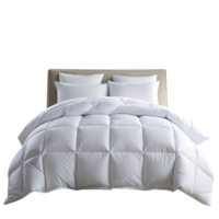 Soft and fluffy white comforter on neatly arranged bed ideal for a relaxing and comfortable bedroom setup png