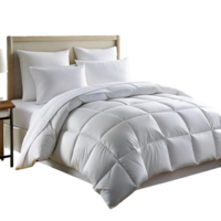 Elegant white comforter set with pillows on a modern bed creating a cozy and inviting bedroom atmosphere png