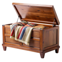 Classic wooden blanket chest with plaid throw creating a warm and rustic storage solution for home decor on Transparent Background png