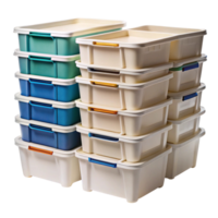 Neatly stacked storage containers with green, yellow, red, and blue lids, designed for organizing and storing items efficiently png