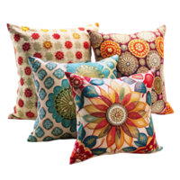 colorida conjunto do decorativo almofadas com intrincado bordado padrões adicionando uma vibrante toque para casa decoração em transparente fundo png